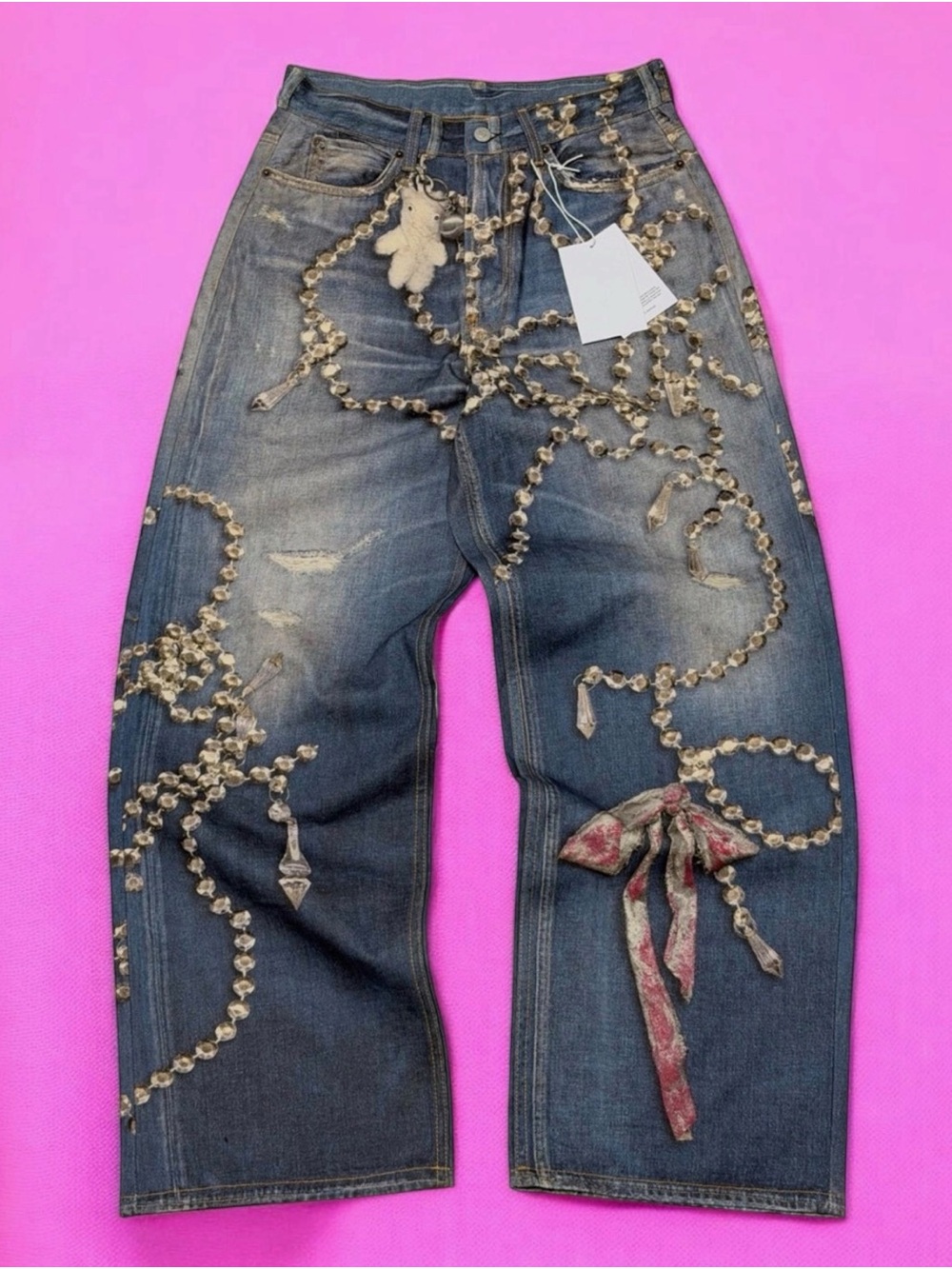 Acne Studios Dark Blue Embellished Beaded Jeans with Pink Bow Detail